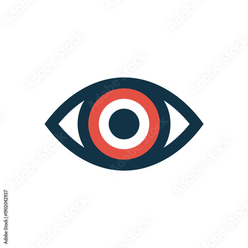A stylized illustration of a human eye with a red target in the center