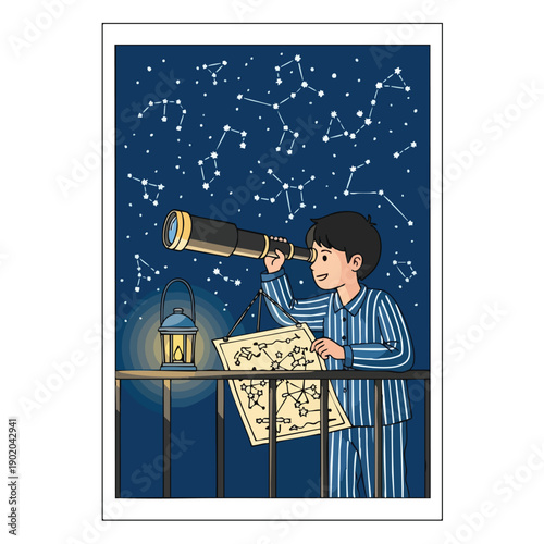 Young boy in pajamas observing constellations with a telescope and star chart.