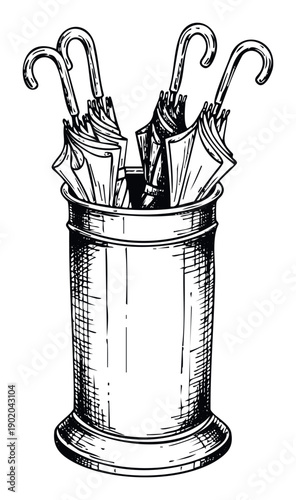 Classic household item storage for rainy weather essentials, featuring multiple folded umbrellas inside a sturdy stand, perfect for home decor product catalogs or traditional lifestyle