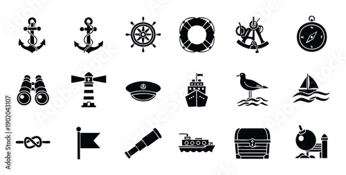 A comprehensive collection of maritime navigation and sea travel icons in black silhouette suitable for ocean related graphic projects, educational materials, and adventure themed