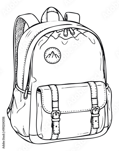 Outline drawing of a travel backpack featuring a detailed front pocket with buckles and a mountain logo, perfect for educational materials or graphic resource applications.
