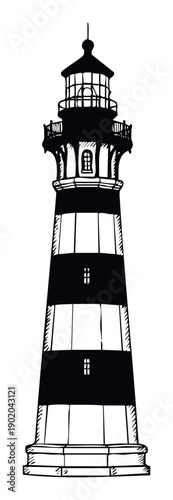 Striking black and white striped coastal lighthouse serving as a crucial navigational aid, perfect for conveying themes of safety, maritime history, and seaside journeys.