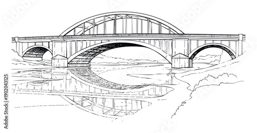 Black and white drawing of a majestic arch bridge with its reflection in a calm river, suitable for engineering publications or landscape design inspiration.