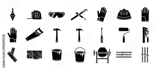 Comprehensive set of construction tools, safety gear, and building materials icons for industrial projects, DIY renovations, and professional contractor service advertisements