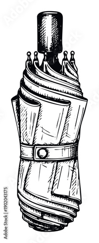 A neatly rolled travel umbrella secured by a strap, rendered in a striking black and white woodcut style, ideal for print media or digital designs requiring a classic look.