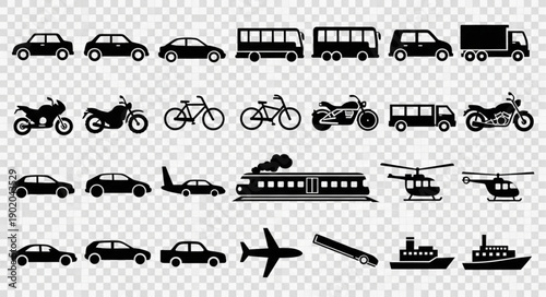 Collection of Diverse Transportation Vehicle Silhouettes.