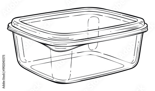Outline drawing of a transparent plastic food storage container with a lid, perfect for kitchen organization projects, packaging designs, or household appliance catalogs.