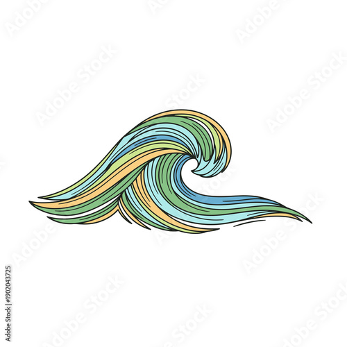 A vibrant, multicolored wave illustration, curving in a dynamic motion, viewed from the side, in a graphic style