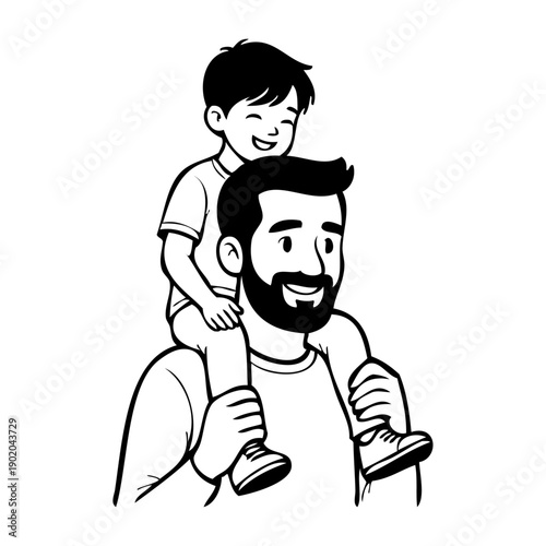 Día del padre. Dibujo sencillo con líneas de un padre e hijo con el niño sentado sobre los hombros de su padre.