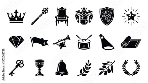 Royal and prestige themed icon collection for awards ceremonies, heraldry symbols, success badges, and celebratory event graphic resources