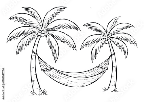 Simple black and white line drawing depicting two tropical palm trees with a comfortable hammock, symbolizing relaxation and escape for travel industry promotions and resort advertisements