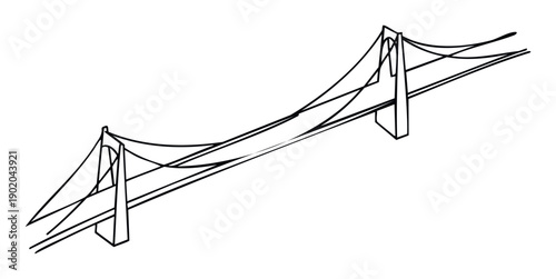 Simple graphic outline of a modern suspension bridge structure representing engineering innovation and infrastructure development for various architectural and transportation related