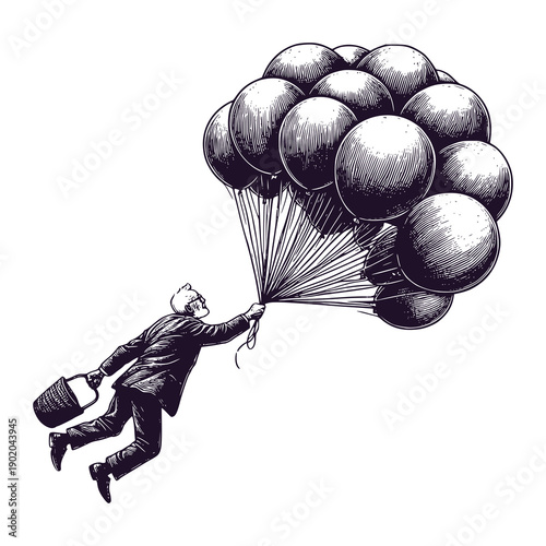 old man flying with balloon