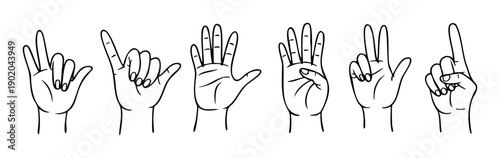 Various hand gestures and signs depicting numbers and communication concepts, suitable for educational materials, visual instructions, or graphic user interface elements.
