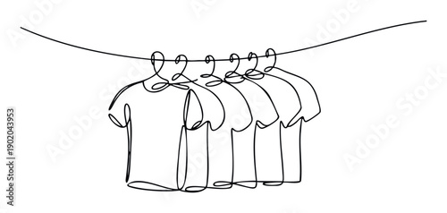 A seamless single line drawing featuring multiple minimalist tshirts suspended on hangers from a clothesline, suitable for modern apparel store marketing or clean lifestyle graphics.