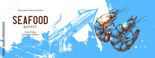 Sketch vintage seafood background. Mediterranean food menu design. Hand drawn vector illustration background