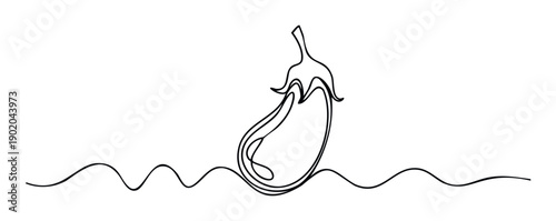 Minimalist continuous line drawing of a fresh eggplant vegetable for healthy eating concepts, cooking blogs, recipe books, food packaging, and modern kitchen decor designs