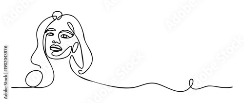 Continuous line drawing depicting a womans face with elegant flowing contours, perfect for contemporary branding, website graphics, and sophisticated print media.