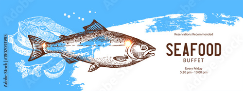 Sketch vintage seafood background. Mediterranean food menu design. Hand drawn vector illustration background