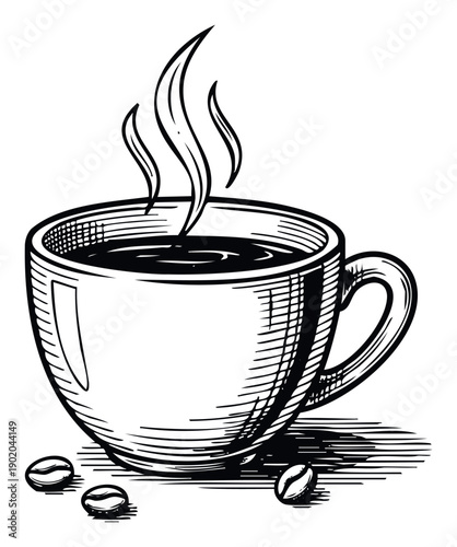 Hand drawn sketch of a steaming hot coffee cup surrounded by coffee beans perfect for a cafe logo menu design food blog or beverage packaging