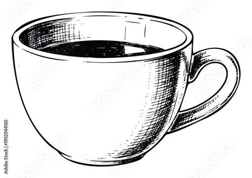 Handdrawn black and white sketch of a coffee cup with hot liquid, ideal for cafe menus, vintage packaging, or beverage related marketing materials.
