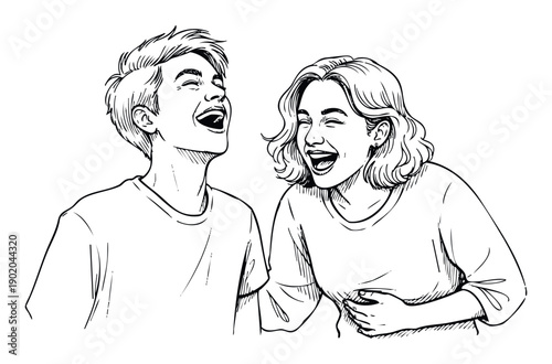 Engaging hand drawn sketch depicting a cheerful young man and woman laughing freely with eyes closed, ideal for conveying genuine happiness, close friendship, or lighthearted moments in