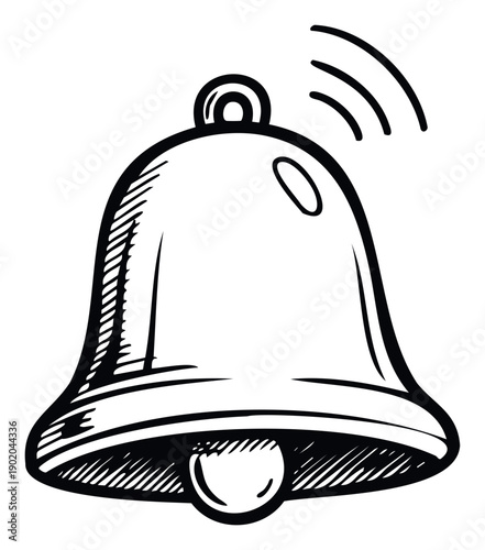 Classic hand drawn ringing bell with sound waves depicted in a monochrome sketch style, ideal for alarm, notification, or service alert applications