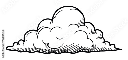 A stylized hand drawn cloud graphic with bold outlines and shading is perfect for weather reports, comic book projects, childrens book illustrations, and atmospheric design needs.
