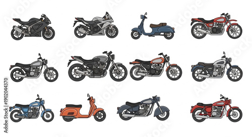 Collection of Diverse Motorcycles and Scooters Illustration.