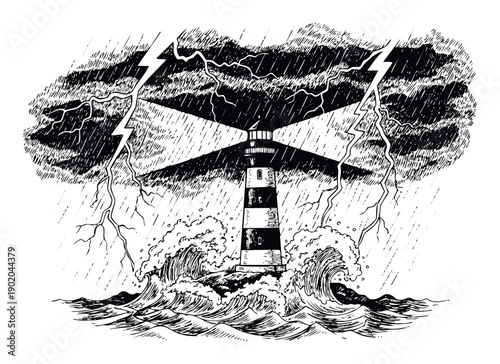 Engraved lighthouse standing firm amidst a powerful ocean storm with crashing waves, heavy rain, and striking lightning, perfect for nautical themed designs and weather related publications