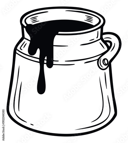 Classic old metal milk churn container with dark liquid spilling and dripping down its side, a perfect graphic element for industrial supplies or agricultural concepts