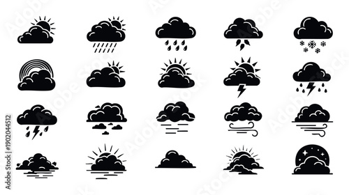 Diverse weather forecast icons depicting various atmospheric conditions like sun, rain, snow, clouds, wind, and storms, valuable for modern mobile app interface and web graphic design.