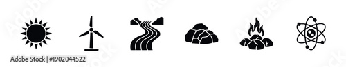 Diverse energy resource symbols featuring sun, wind turbine, flowing river, coal, burning fire, and atom for illustrating various power generation concepts in educational and industrial
