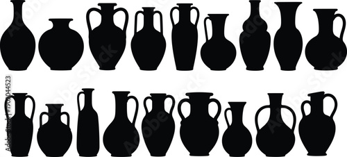 Black amphora and vase silhouette collection with diverse necks, handles, and body shapes for ancient pottery studies, graphic design, digital art, and creative projects