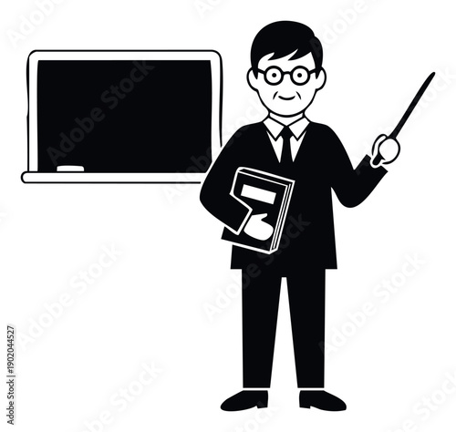 Experienced male teacher wearing glasses holding a textbook and pointer standing by a blackboard, ideal for educational content, school presentations, and academic materials.