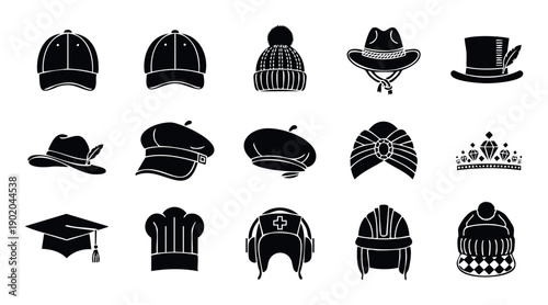 A comprehensive collection of diverse headwear items including various hats, caps, helmets, and crowns presented as monochrome silhouettes suitable for graphic resources and clothing