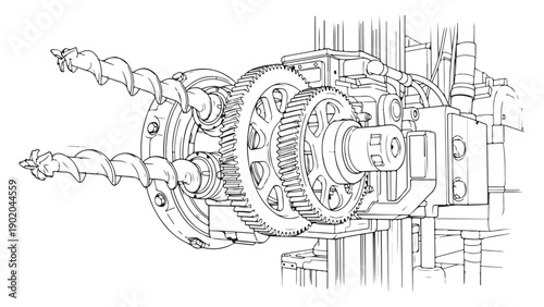 Detailed Monochromatic Technical Drawing of Industrial Gears and Twin Drills