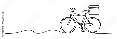 Modern minimalist continuous line drawing of a delivery bicycle with a box, perfect for services, transportation, ecofriendly logistics, and sustainable urban mobility concepts.
