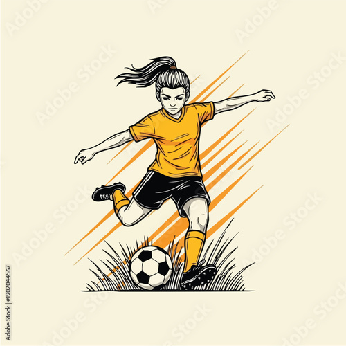 Young female soccer player kicking ball with determination.