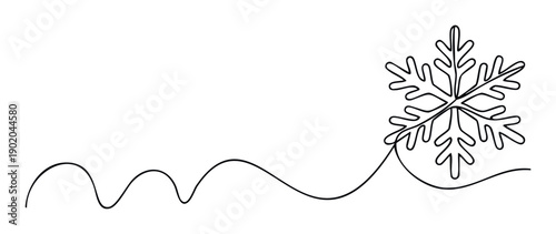 Elegant continuous line drawing of a snowflake connected to a wavy winter landscape for seasonal greeting cards, holiday party invitations, and cold weather promotions