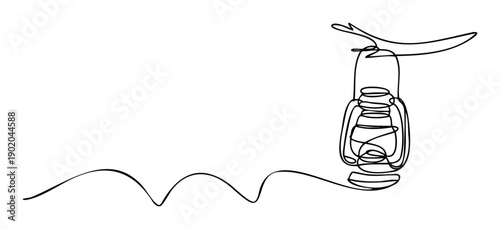 Simple continuous line drawing of a vintage kerosene lantern with a flowing wavy line, perfect for symbolizing light, guidance, or exploration in educational materials and travel brochures.