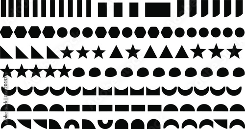 Black geometric shape collection with rectangles, circles, triangles, stars, hexagons, semicircles, abstract icons for educational charts, graphic design, digital art, and creative projects