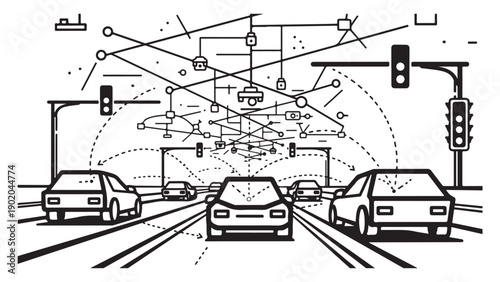 Black and White Vector Illustration of Smart City Connected Vehicle Technology