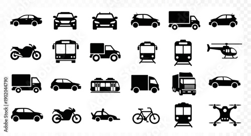 Collection of diverse transportation vehicle icons.