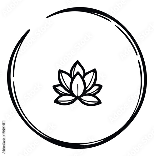 Simple black outline lotus flower symbol inside an incomplete grunge circle ideal for spiritual branding, wellness logos, mindful lifestyle promotions, or yoga studio insignias