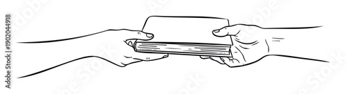 Simple line artwork showing two hands giving and receiving a book, ideal for conveying ideas of education, learning, sharing knowledge, or literacy in various media applications.