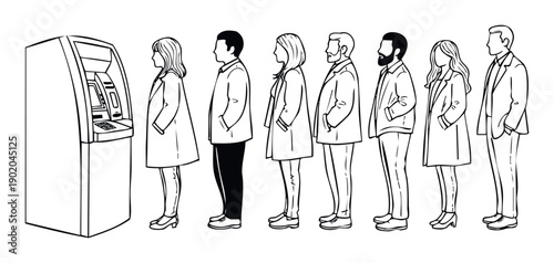 People patiently waiting in a long queue for their turn to use an automated teller machine for banking transactions and financial services