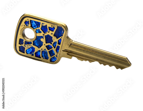 A gold key with a decorative blue mosaic design on the head
