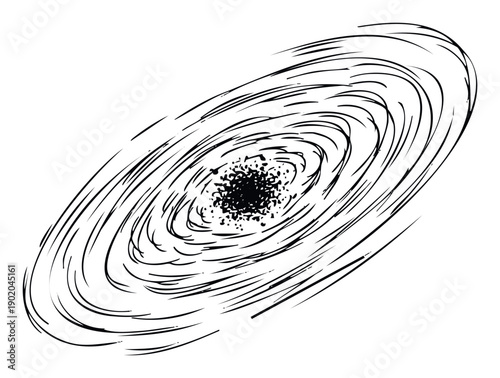 Hand drawn black and white spiral galaxy or vortex graphic depicting swirling motion and cosmic energy, perfect for science related projects, abstract backgrounds, or conceptual visuals