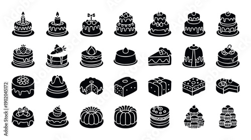 Collection of black silhouette dessert icons featuring various cakes, cupcakes, and pastries for baking themed graphic projects and celebration related media